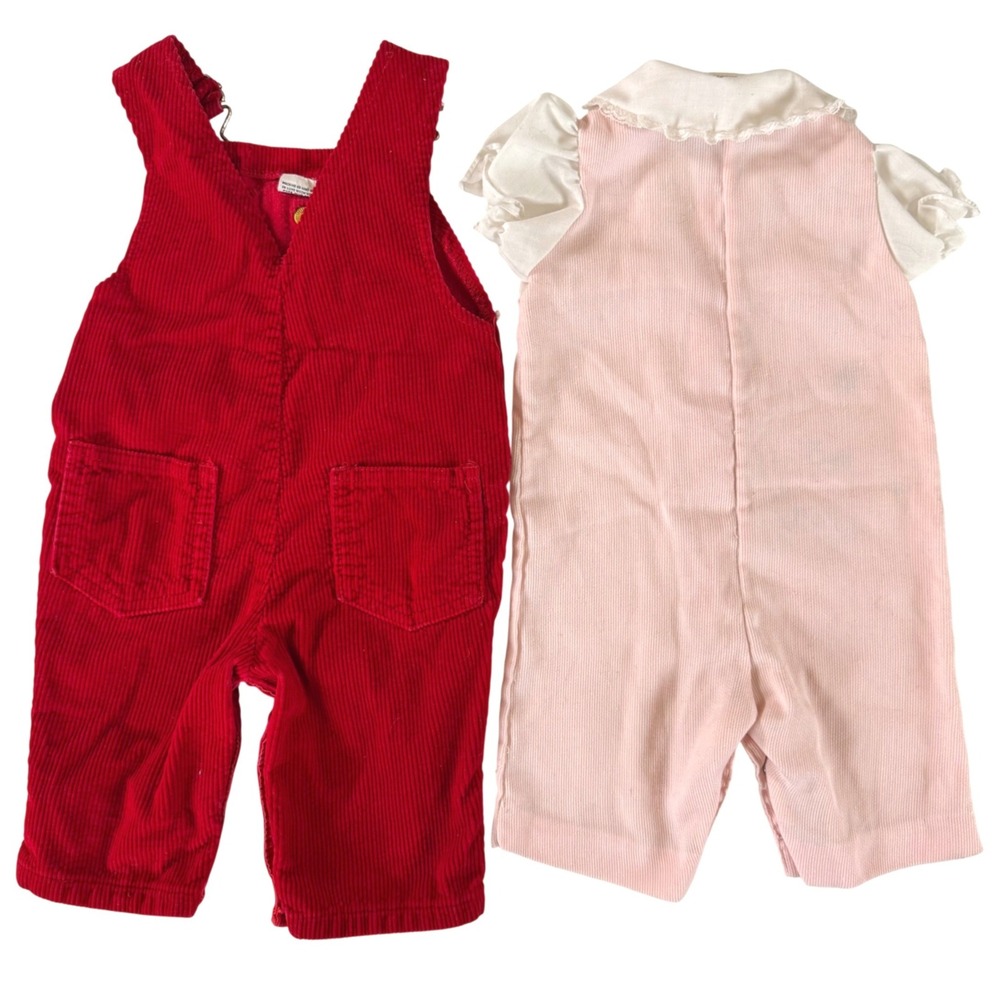 Vintage Baby Corduroy Overalls Romper Lot Red Pink Cat 0-3 Months Set - Picture 2 of 6